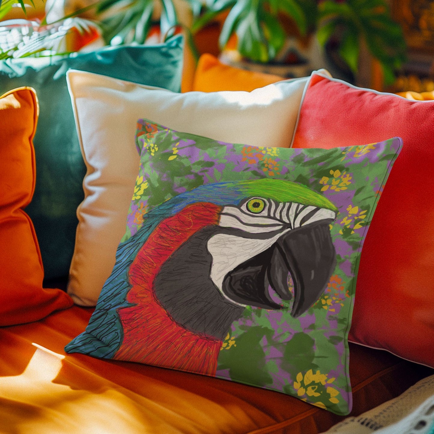 Colorful pillow with an original parrot design on a couch with other solid color pillows in a farmhouse style setting.