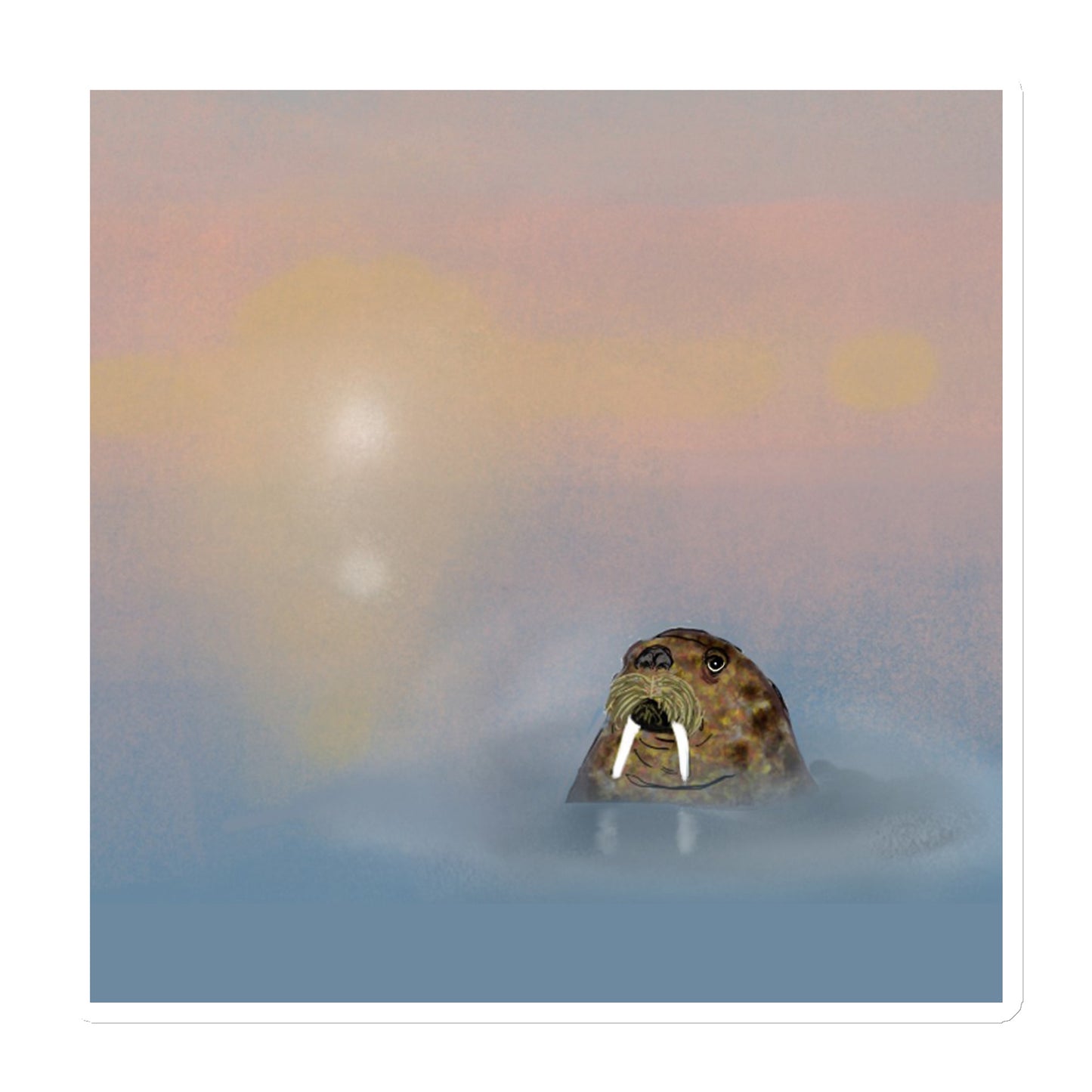 Walrus shown swimming in the sea on die-cut-magnet. 6x6