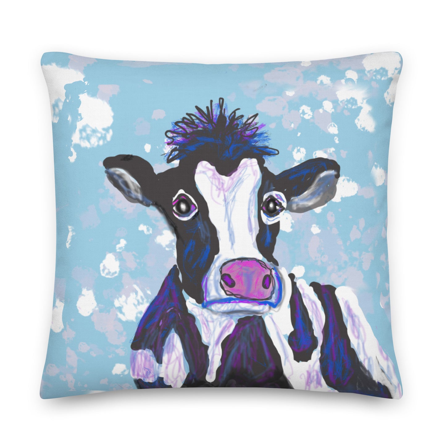 Soulful cow, symbol of the Mother Goddess adorns throw pillow. Black and white cow with pink-purple nose against a blue sky dotted with clouds. 18x18 & 22x22