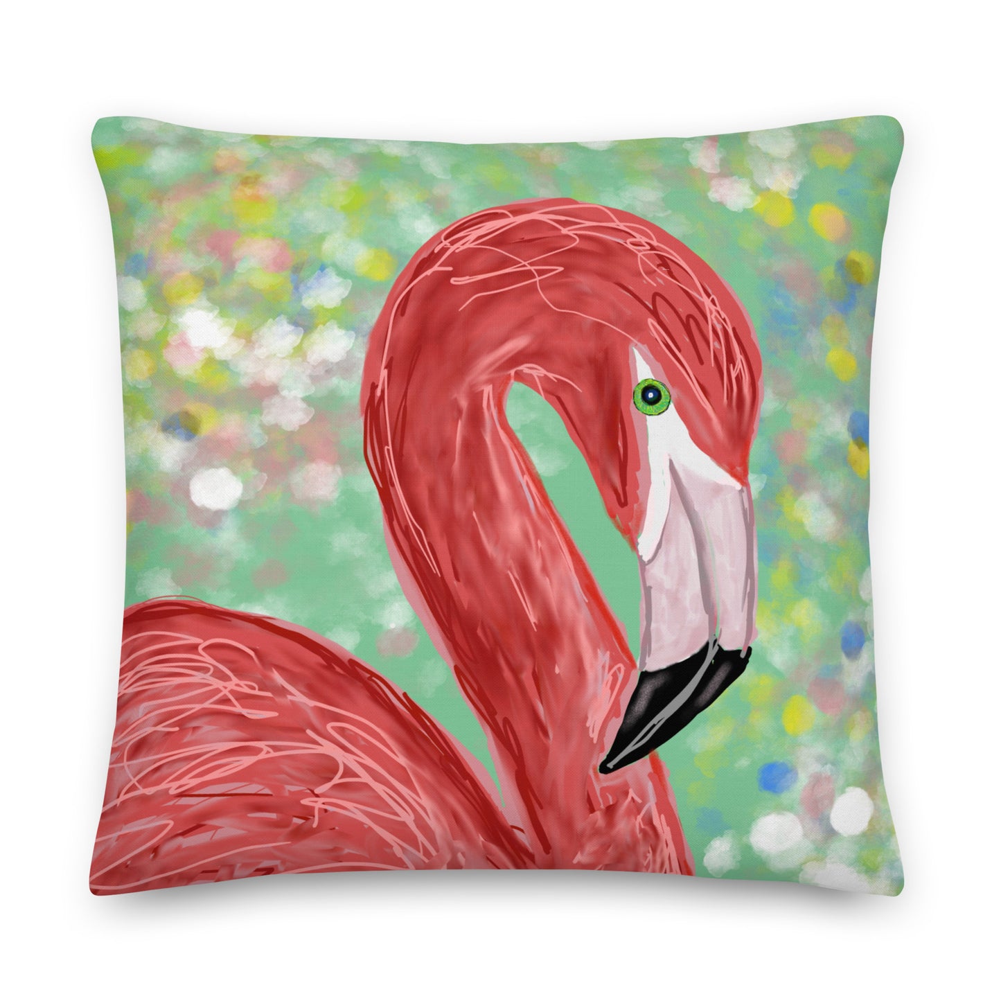 Original artist's design of a pink flamingo against a green and colorful abstract flowers.