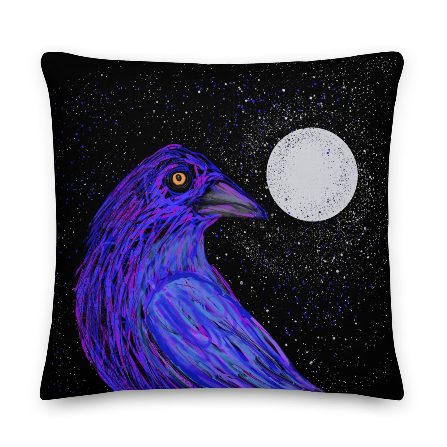 A golden-eyed crow sits next to a full moon on this decorative pillow.