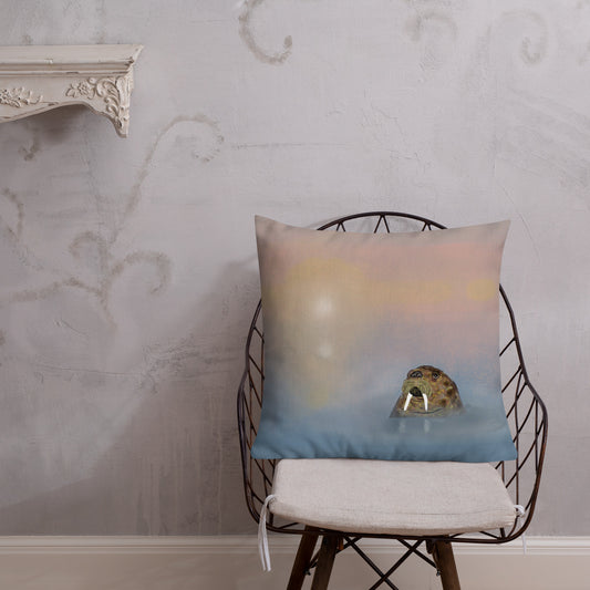 Walrus spirit guide popping his head out of the sea. Machine washable. 18x18 and 22x22. 22x22 pillow shown with pillow insert (not included) on a chair.