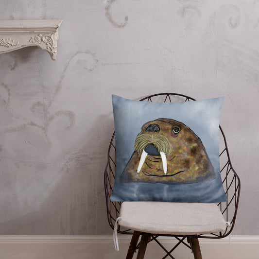 Walrus spirit guide popping his head out of the sea. Machine washable. 18x18 and 22x22. 22x22 pillow shown with pillow insert (not included) on chair.