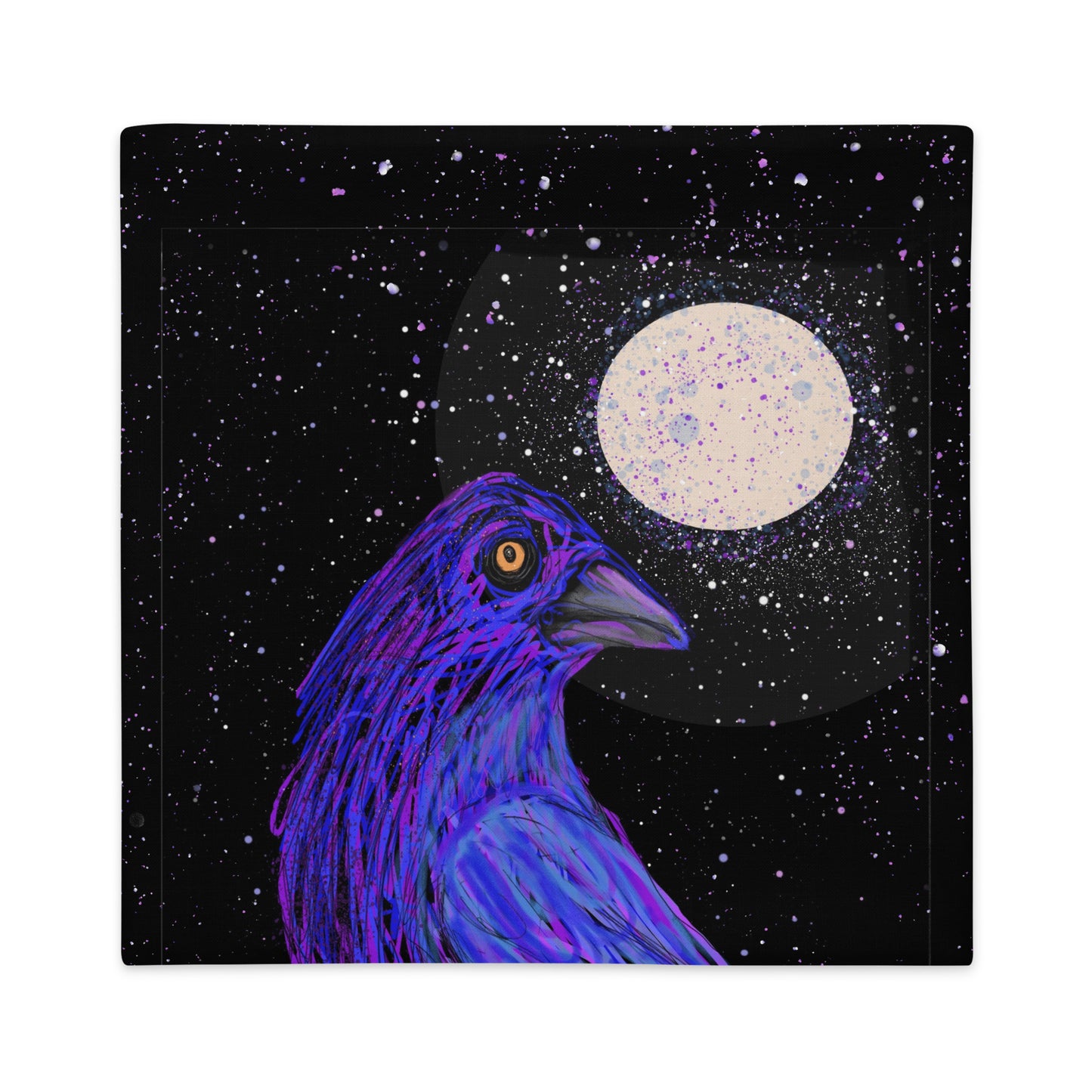 A golden-eyed crow next to a full moon on a starry night illustration on a decorate pillow.