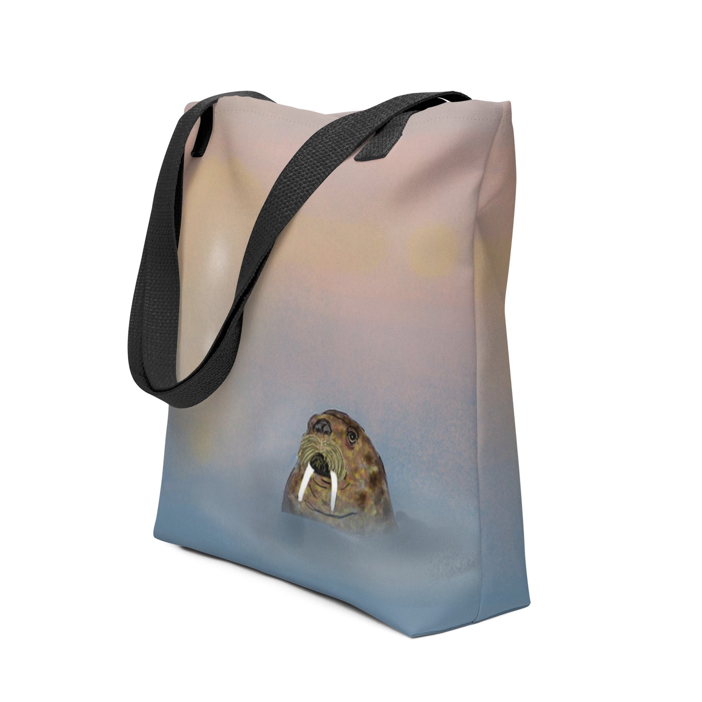 Walrus  on 15" x 15" tote bag. Gentle giant, spirit guide, medicine man. Walrus head popping out of the misty arctic sea. Product mockup showing the side seam.