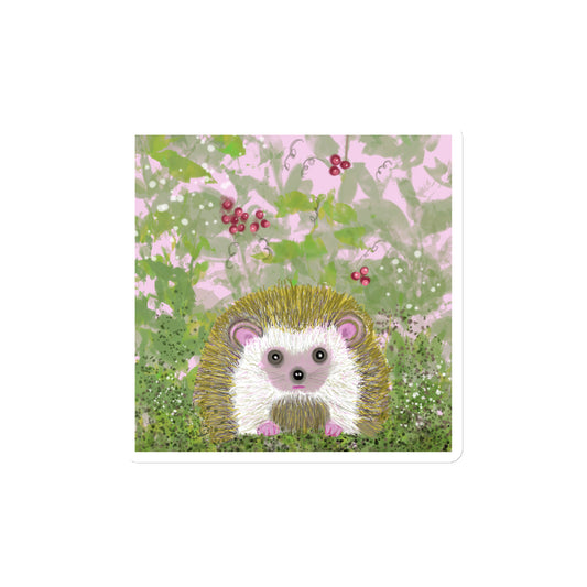 Cute hedgehog on a field of pink and green, with leaves and berries, on a white magnet. 3 sizes.  Hedgehog is gentle and kind spirit guide connected to Mother Earth.