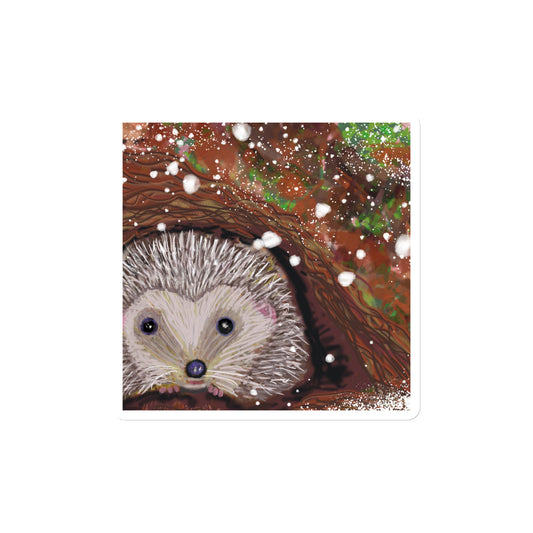 Cute magnet with a garden critter, the hedgehog on a white magnet.  Heddgehog is shown hibernating underground in the snow. Hedgehog, with his sweet face, is gentle and kind spirit animal / spirit guide connected to Mother Earth. 3 sizes.  3x3 inches, 4x4 inches, and 6x6 inches.