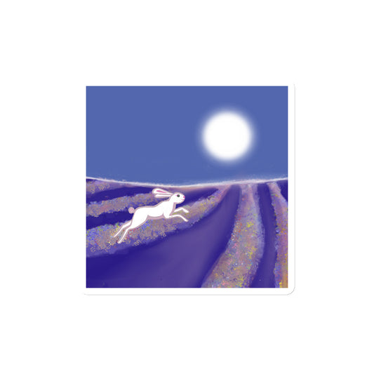 Image of a hare or rabbit running through a moonlit field on a die-cut-magnet. 4x4