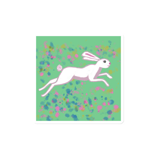 Image of a hare or rabbit running through a springtime field on a die-cut-magnet. 4x4