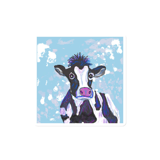 Image of a black and white cow against a blue sky, on a die-cut-magnet. 4x4.