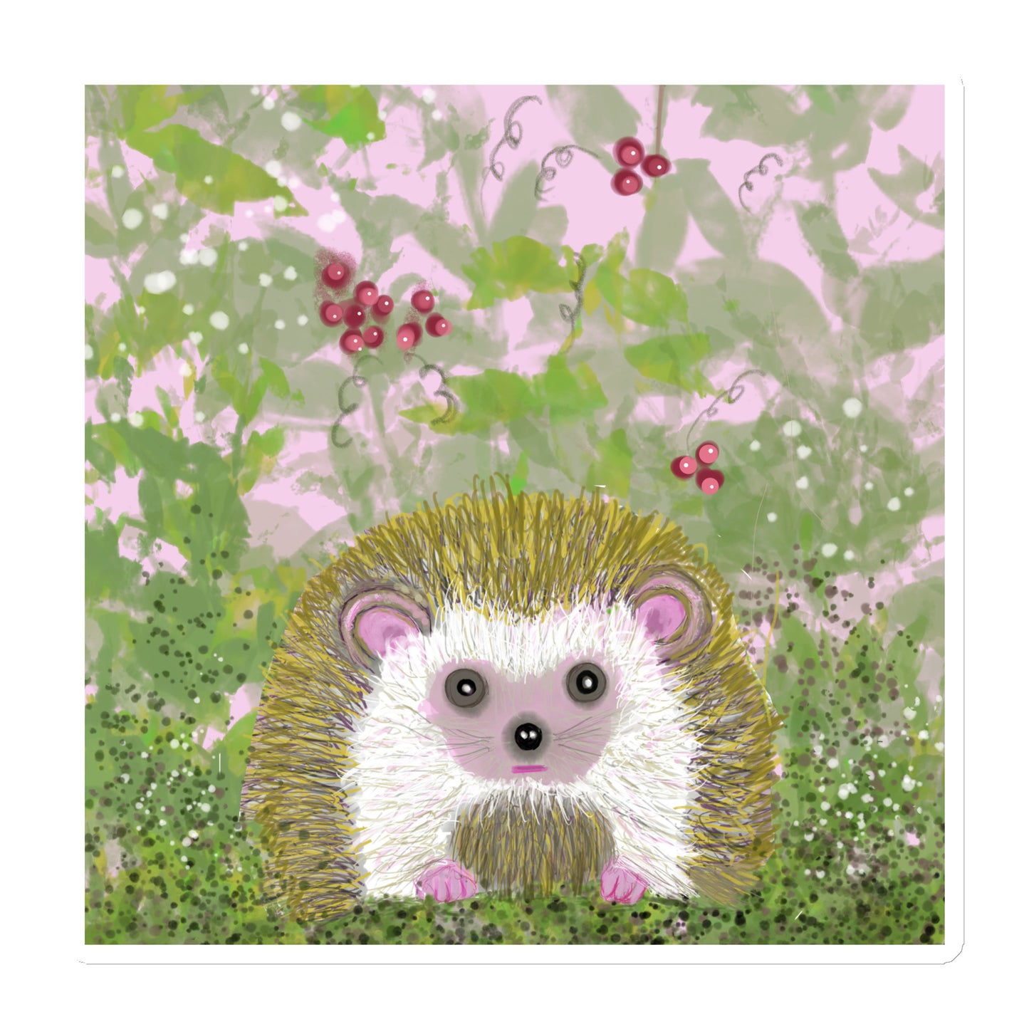 Cute hedgehog on a field of pink and green, with leaves and berries, on a white magnet. 3 sizes. Hedgehog is gentle and kind spirit guide connected to Mother Earth.