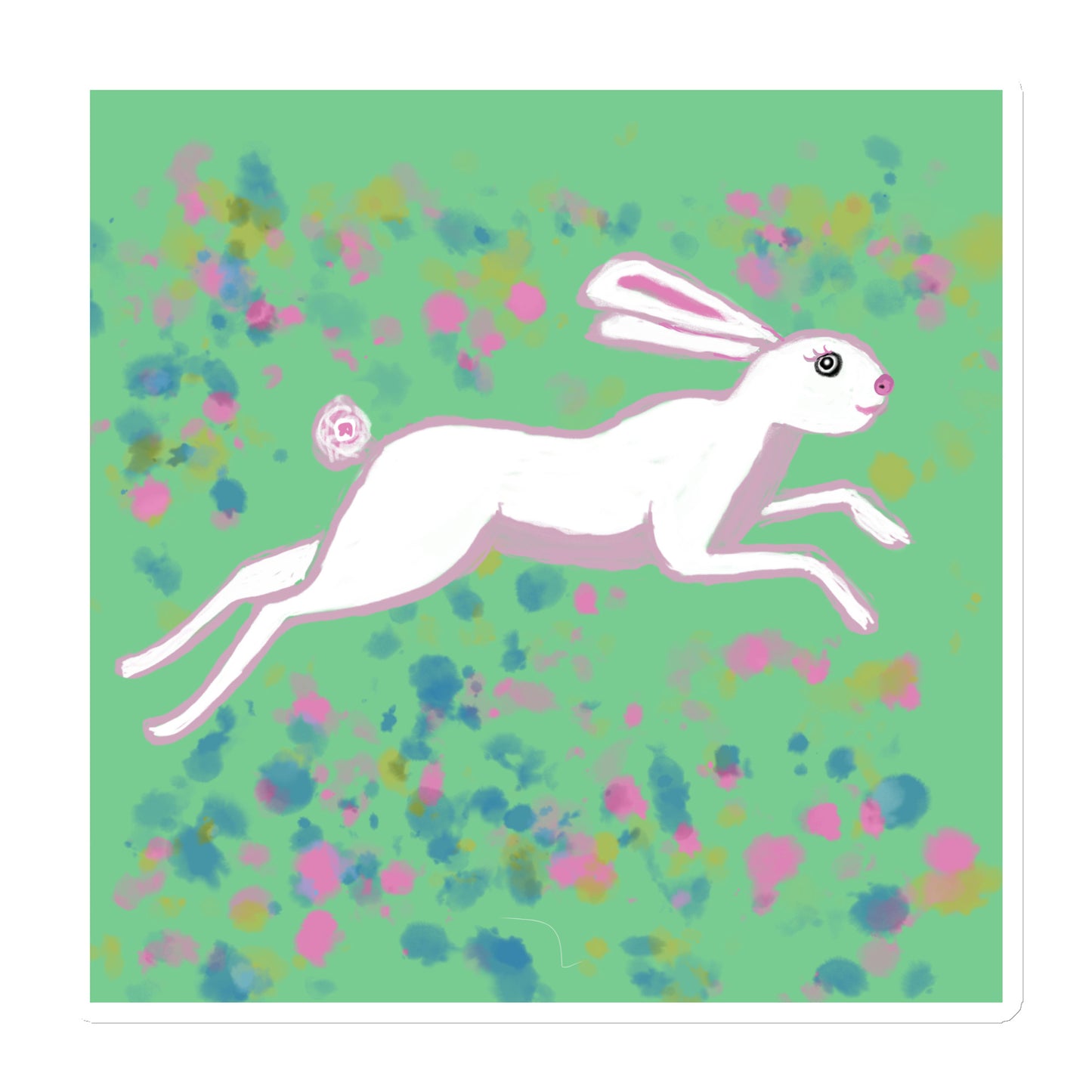 Image of a hare or rabbit running through a springtime field on a die-cut-magnet. 6x6