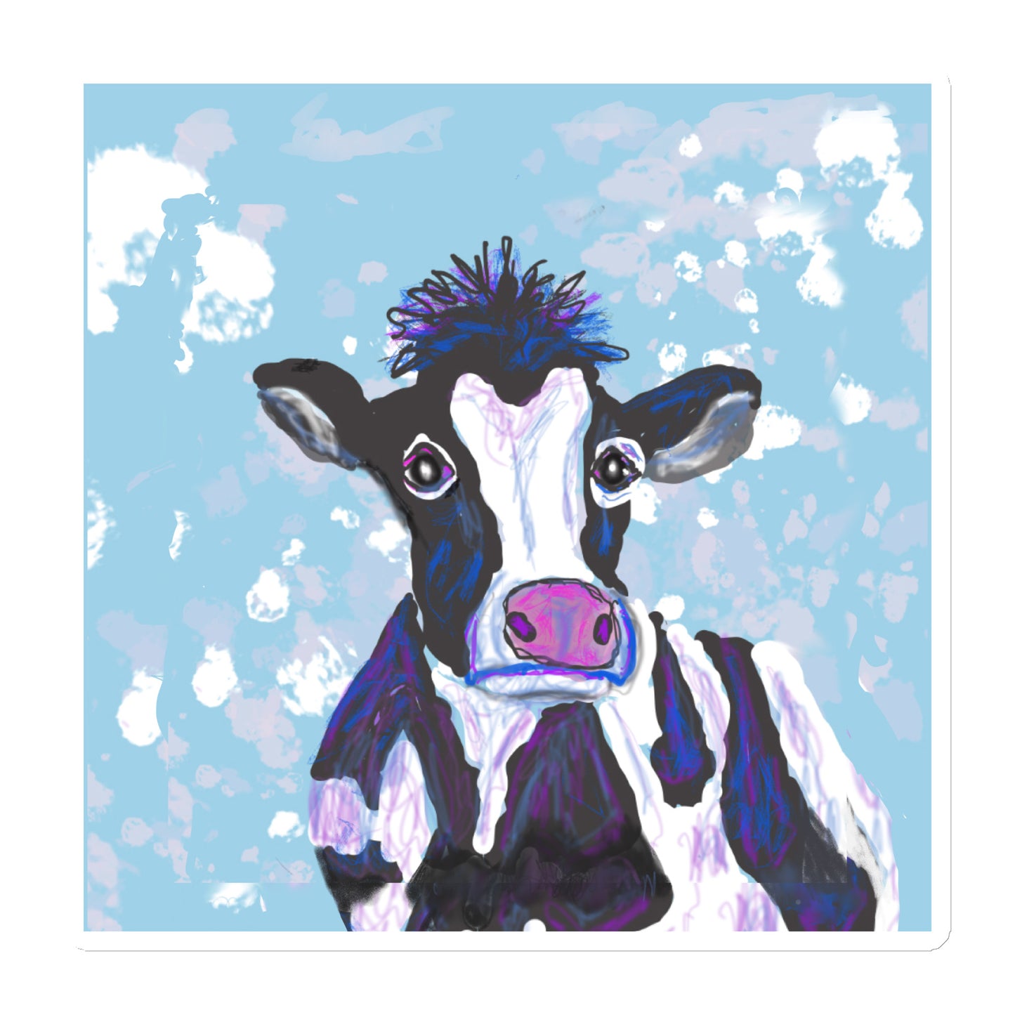 Image of a black and white cow against a blue sky, on a die-cut-magnet. 6x6