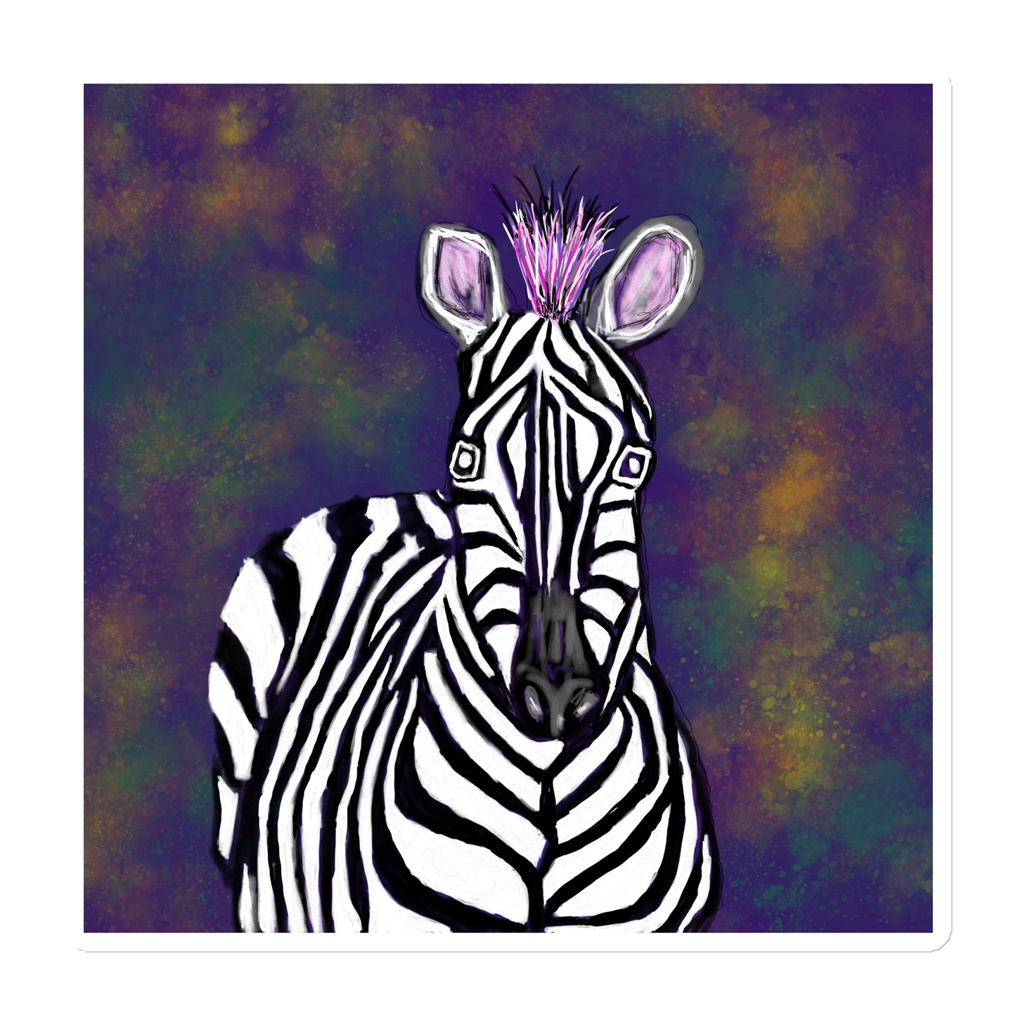Magnet with an image of a zebra facing forward, in front of a gold and black background.