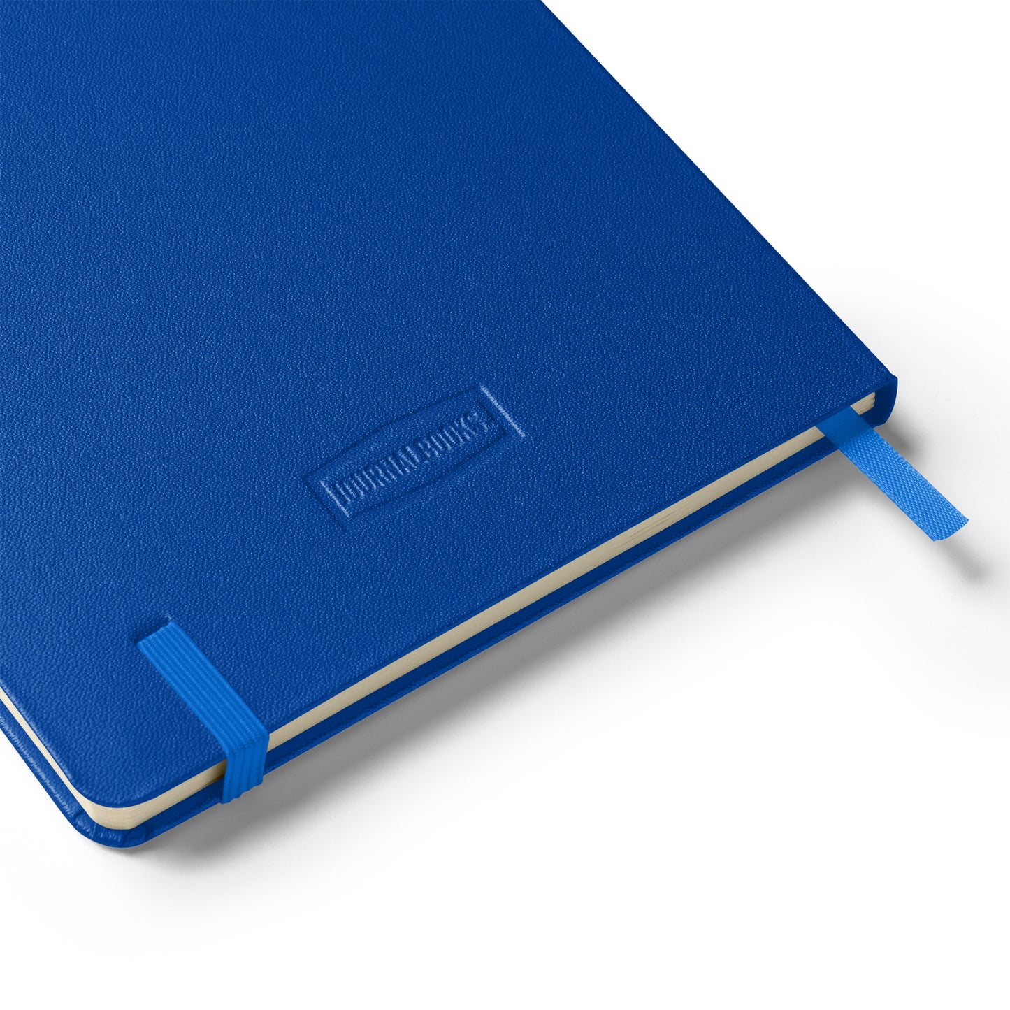 Blue notebook with a visible brand logo on a white background