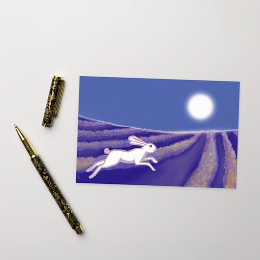 Hare and rabbit are symbols of the trickster--who proves brain over brawn. Seen on this postcard running through a field of flowers under a full moon.