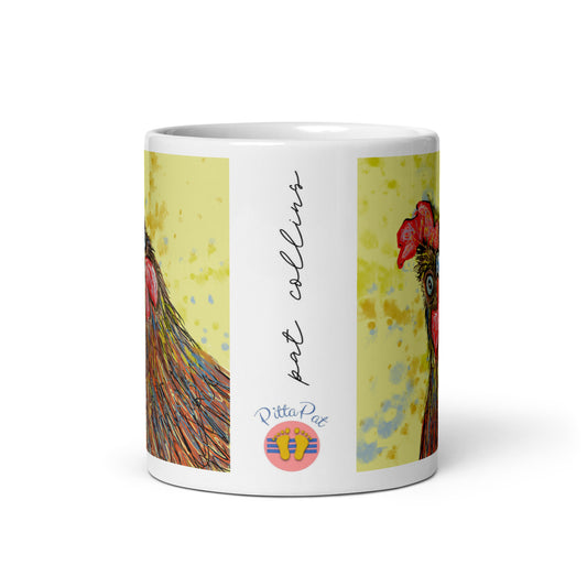 PittaPat logo and artist's signature on the side of the Rooster ceramic mug