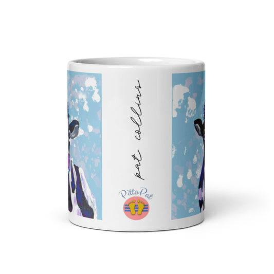 PittaPat happy toes logo with artist's signature on Soulful Cow spirit mug.