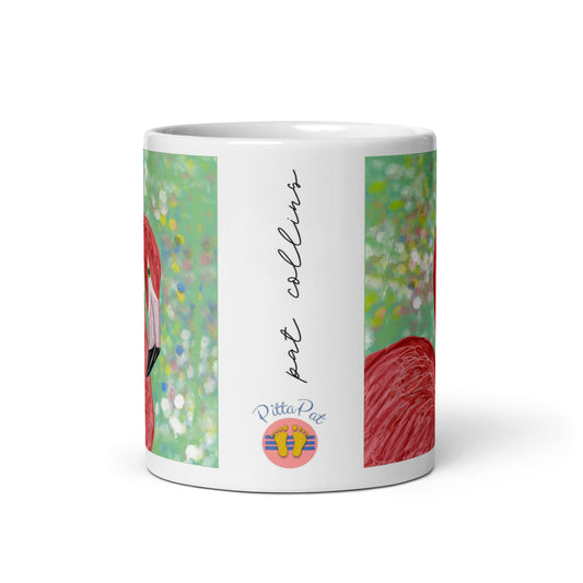 PittaPat happy toes logo and artist's signature on Flamingo Spirit mug.