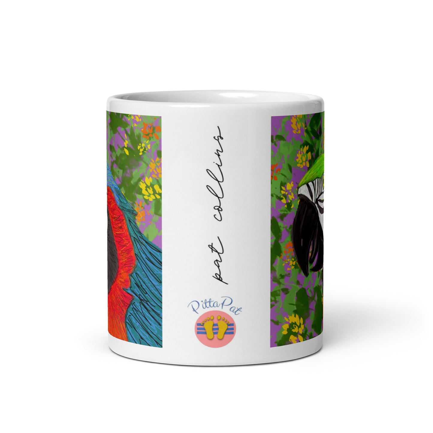 Ceramic parrot spirit mug with original artwork, symbol of communication, color, and joy.