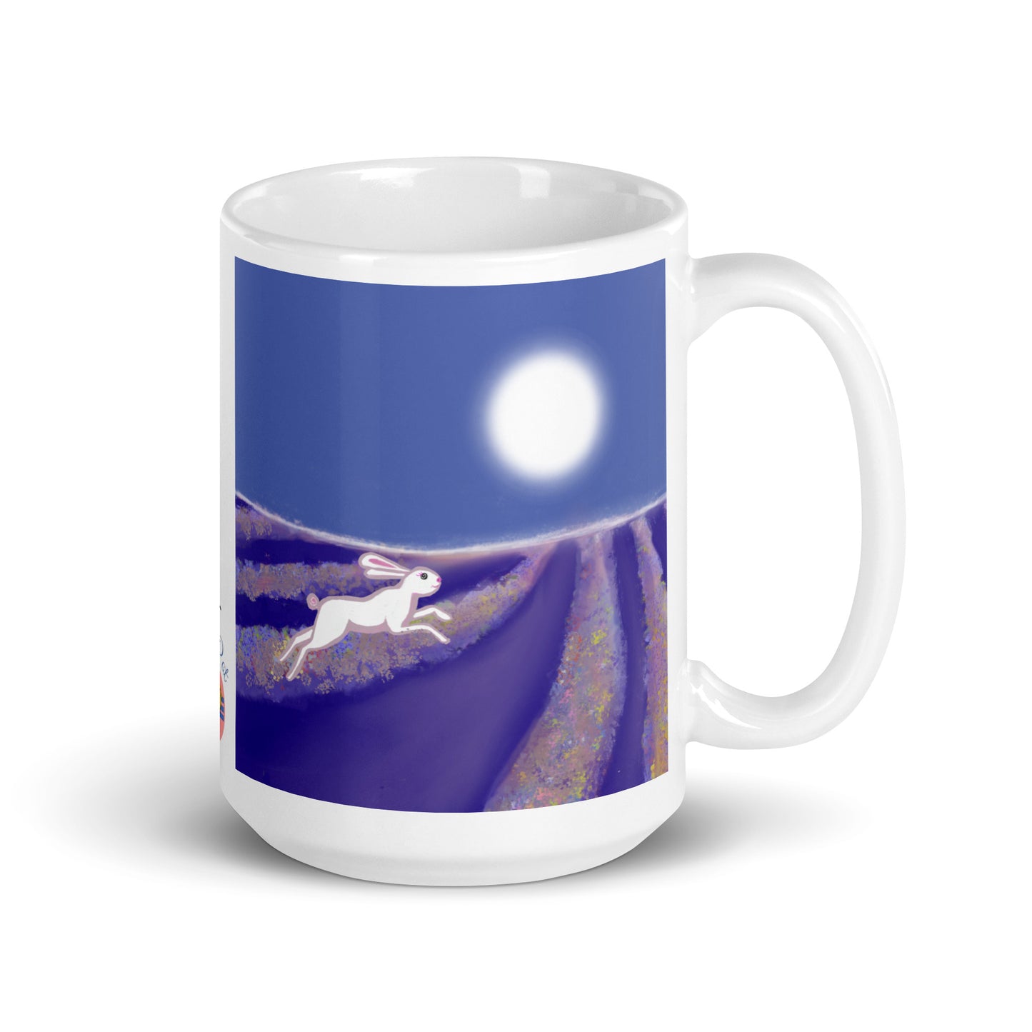 Ceramic mug hare spirit with hare running through lavender rows under a full moon. Hare is the symbol the magician and trickster, of intuition, cycles, and agility.