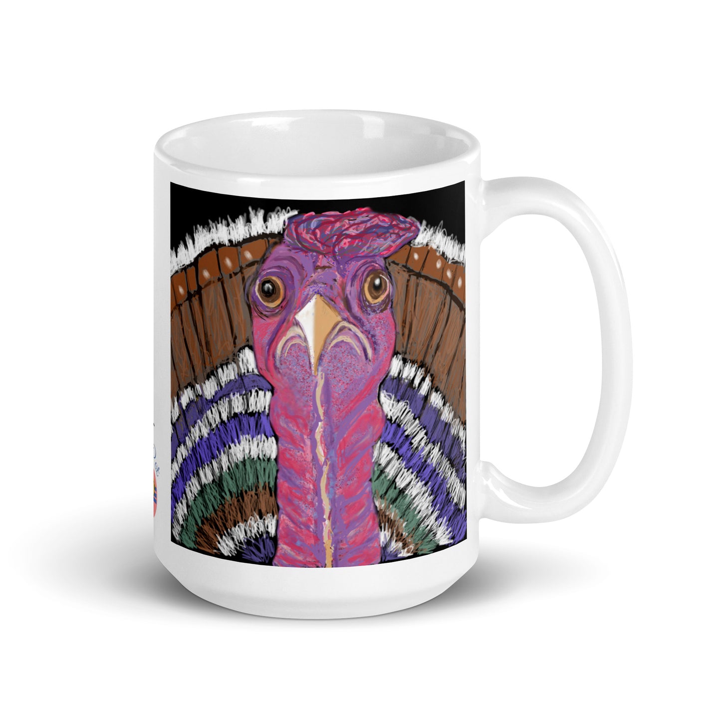 A white glossy turkey spirit mug, 15 oz., with the handle shown on the right.