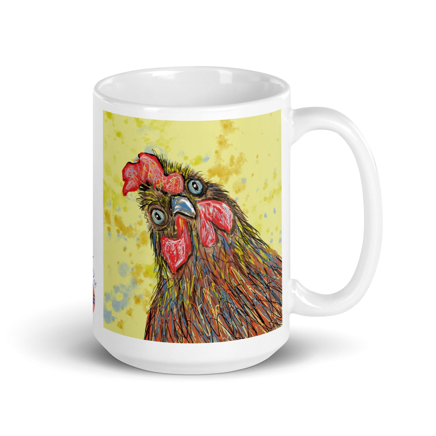 Mug with a colorful rooster design on a white background. 15 oz mug