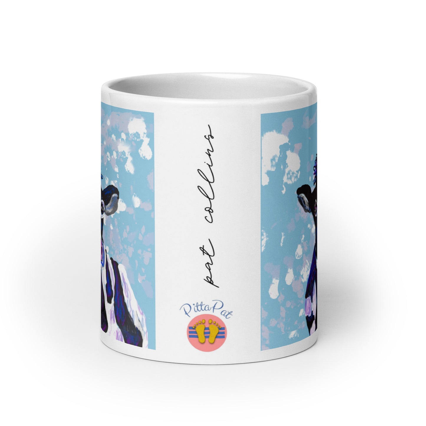 PittaPat happy toes logo with artist's signature on Soulful Cow mug.
