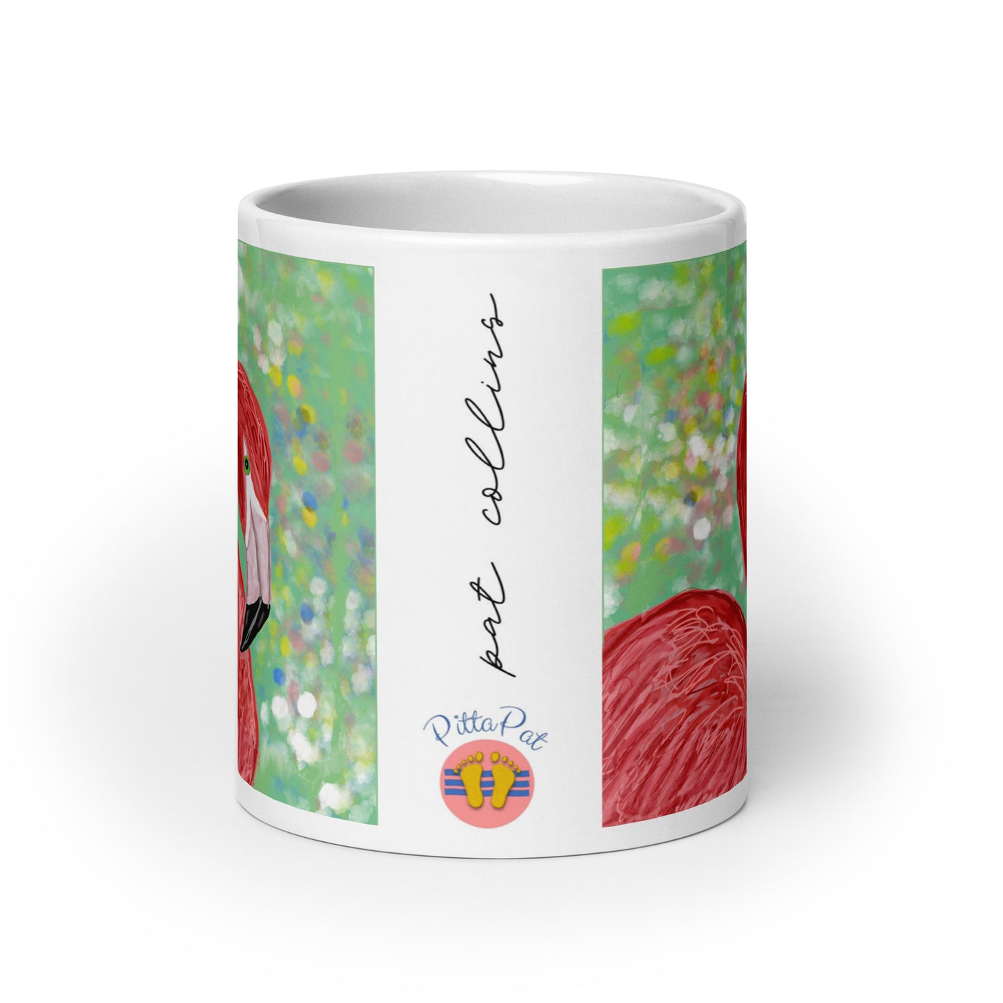 PittaPat happy toes logo and artist's signature on Flamingo Spirit mug.