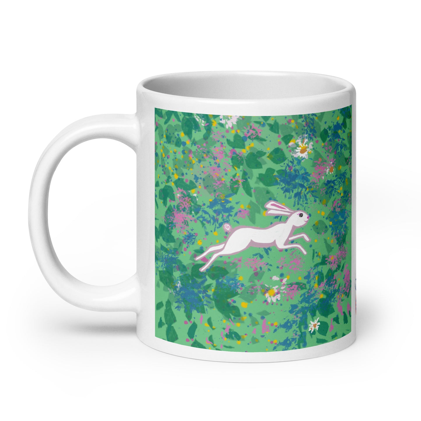 Ceramic mug with spring hare running through a field of wildflowers, symbol of renewal, agility, and joy.