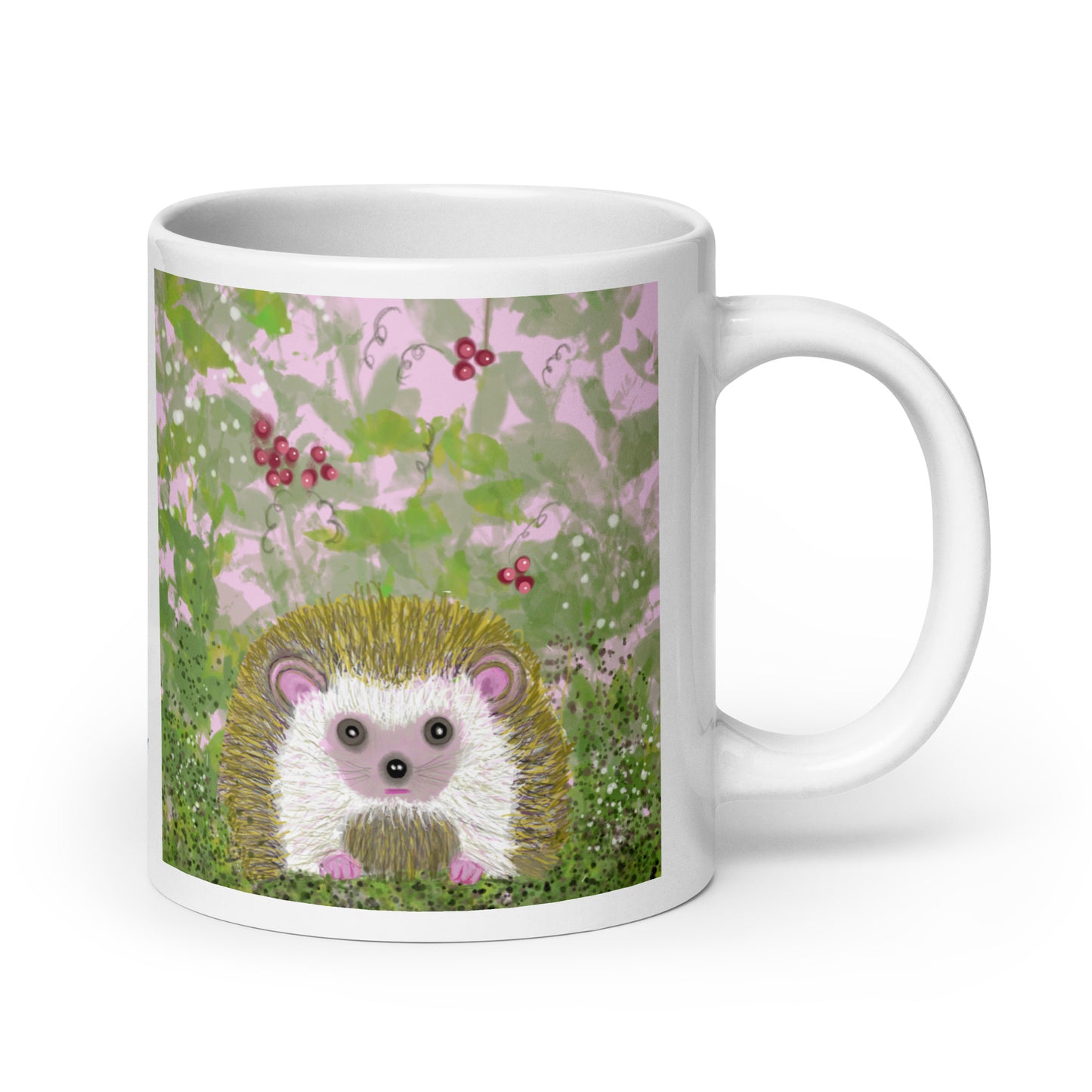 Original artists design of a hedgehog in a springtime bramble with red berries on a mug. 20 oz.