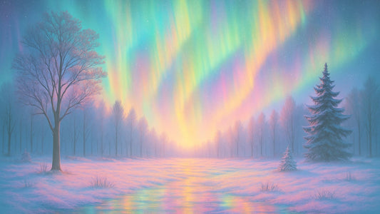 A winter landscape with snow-covered ground, bare trees, and evergreen trees under a colorful aurora borealis that reflects softly on the snow.