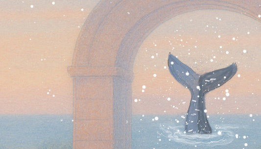 Whale's tale shown diving in the water behind an archway. Pinks and blues with a gray whale.