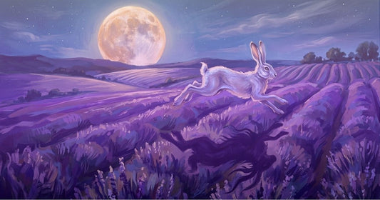 Hare Spirit runs through a lavender field under a full moon