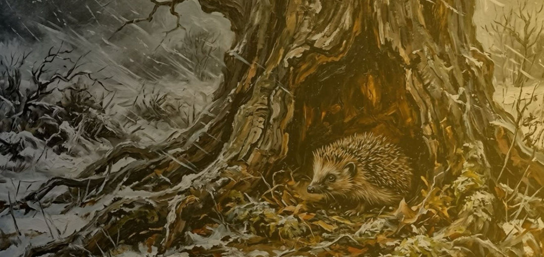 Hedgehog burrows in a tree during a deep winter storm