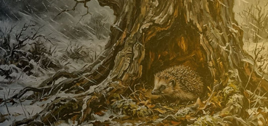 Hedgehog burrows in a tree during a deep winter storm