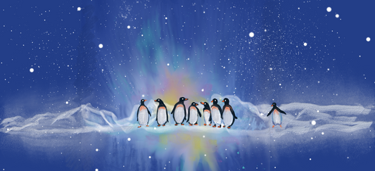 Penguins standing together on a snowy ice shelf with a blue iceberg rising behind them.