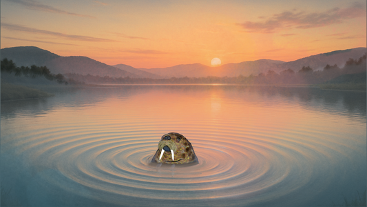 Walrus spirit head rises from dawn waters, ripples spreading across a calm landscape.ples around him, as the sun rises over distant mountains, creating a pink glow over the water.