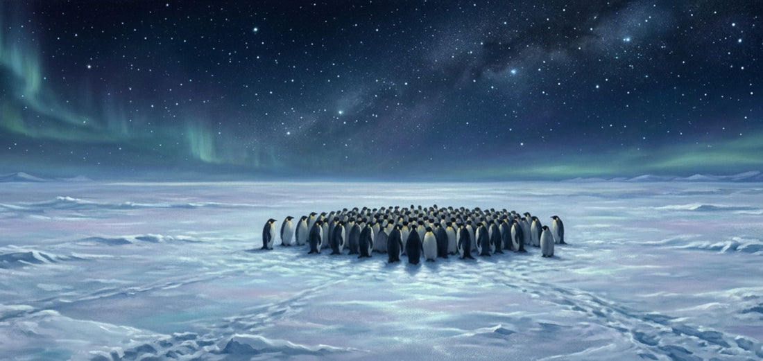 Penguins huddle for community survival.