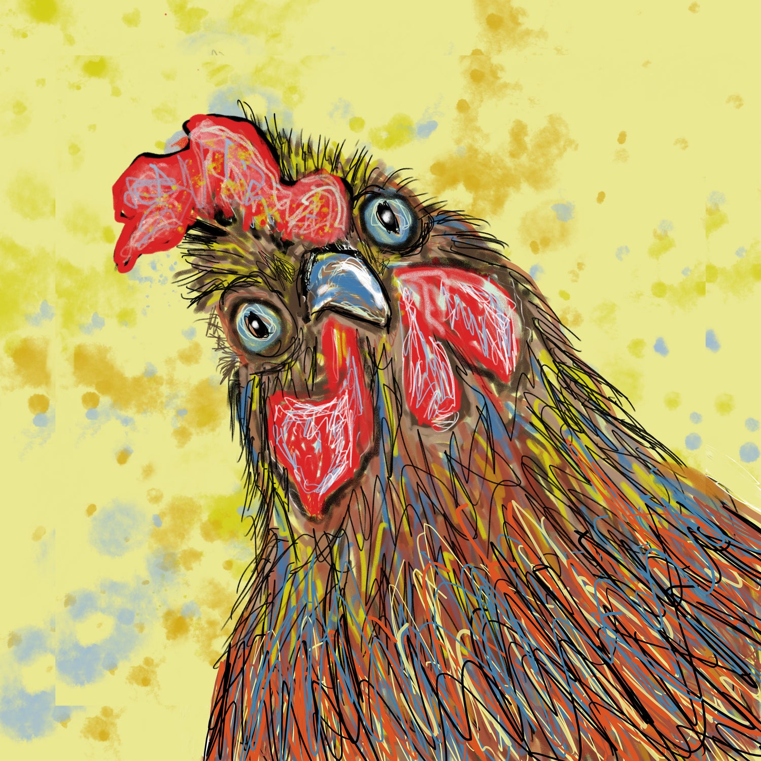 Collection of rooster spirit animal gifts including mugs, totes, featuring original rooster artwork.