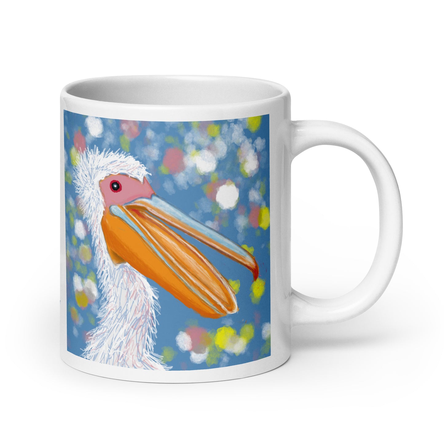 Ceramic mug with pelican spirit artwork, symbol of patience, nurture, and generosity.
