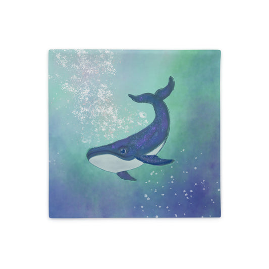 Throw pillow case. Image of whale diving in the deep, holding the depths of inner tides, dreams, and untold stories. Shades of blue. 