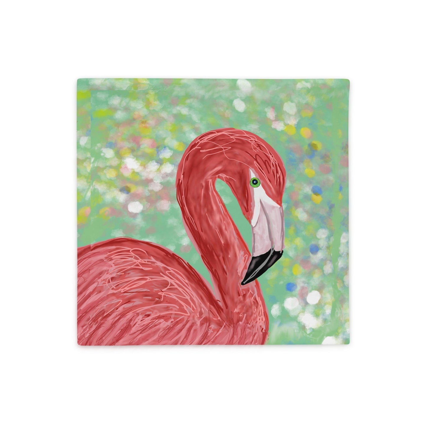 Painting of a pink flamingo on a green background with colorful dots