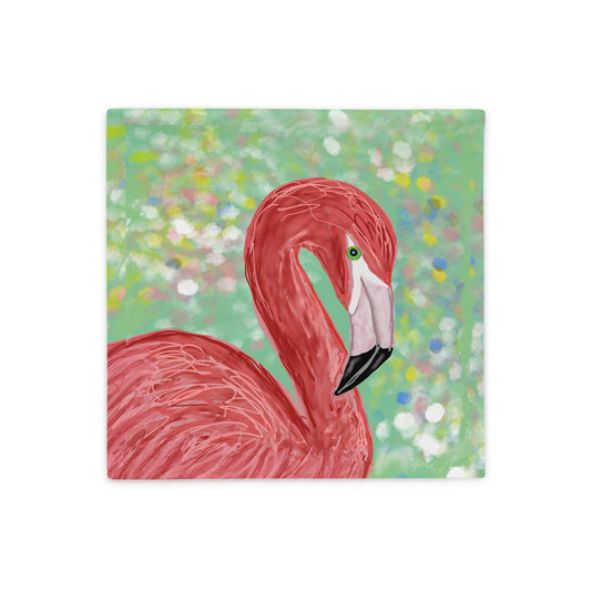 Painting of a pink flamingo on a green background with colorful dots