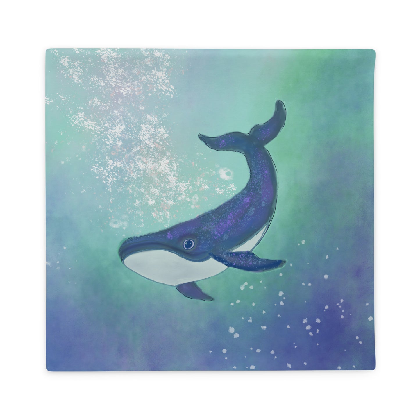 Throw pillow case. Image of whale diving in the deep, holding the depths of inner tides, dreams, and untold stories. Shades of blue. 