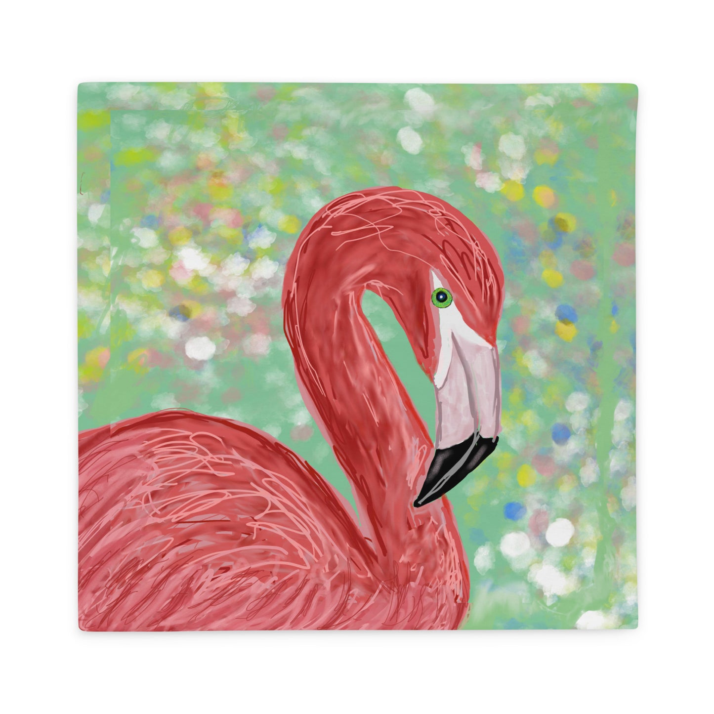 Painting of a pink flamingo on a green background with colorful dots