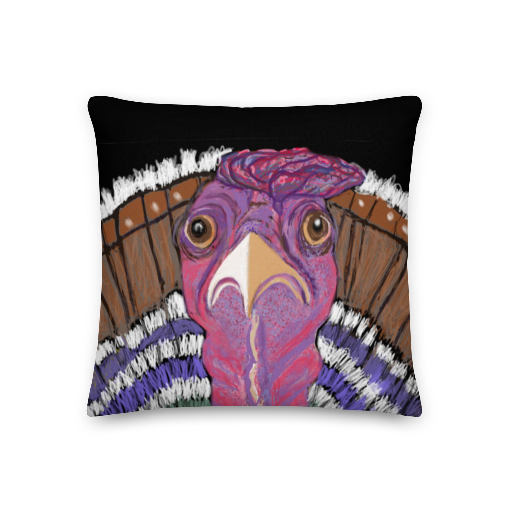 Decorative pillow (available as case or with insert) with unique and vibrant turkey design. Turkey is spirit animal for gratitude and Thanksgiving.