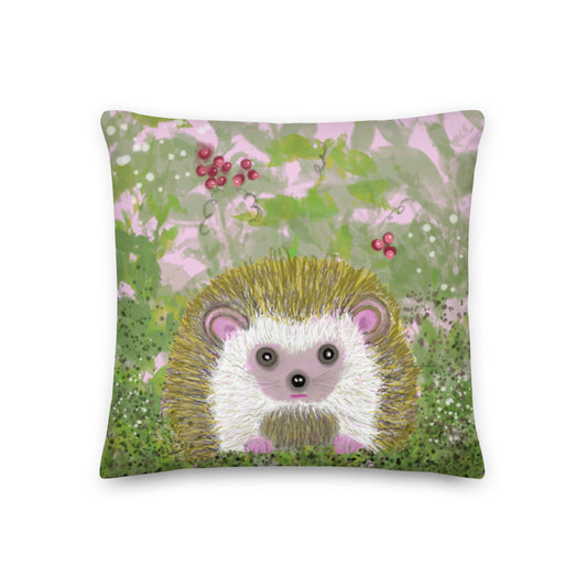 Cute decorative pillow with a garden critter, the hedgehog.  Hedgehog is shown among berries and brambles with greens and pinks. Hedgehog, with his sweet face, is gentle and kind spirit animal / spirit guide connected to Mother Earth. 2 sizes. 18x18 and 22x22.