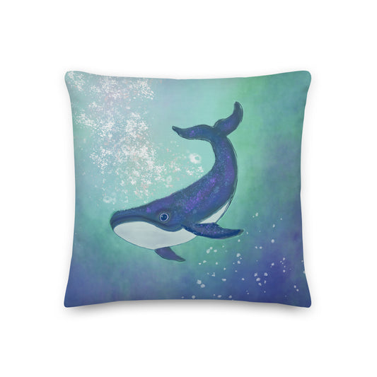 Throw pillow with insert. Original artist design. Whale diving through blue water. Holding the depths of inner tides, dreams, and untold stories.