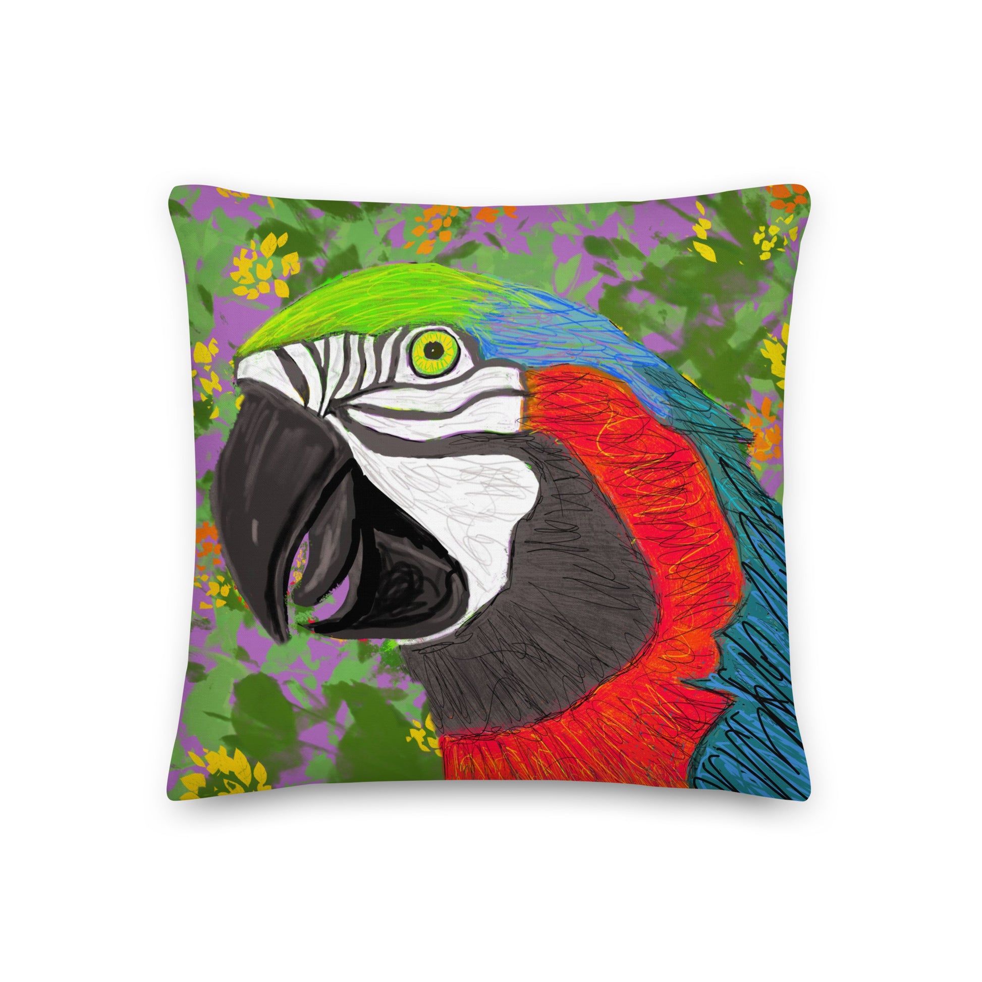Colorful parrot original artwork on a throwpillow.